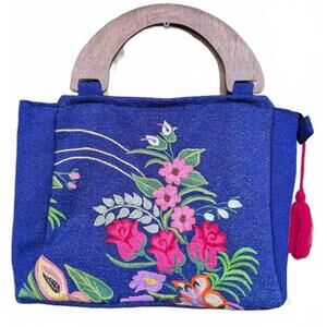 Floral Embroidery Tropical Purple Tote Wooden Shoulder Bag